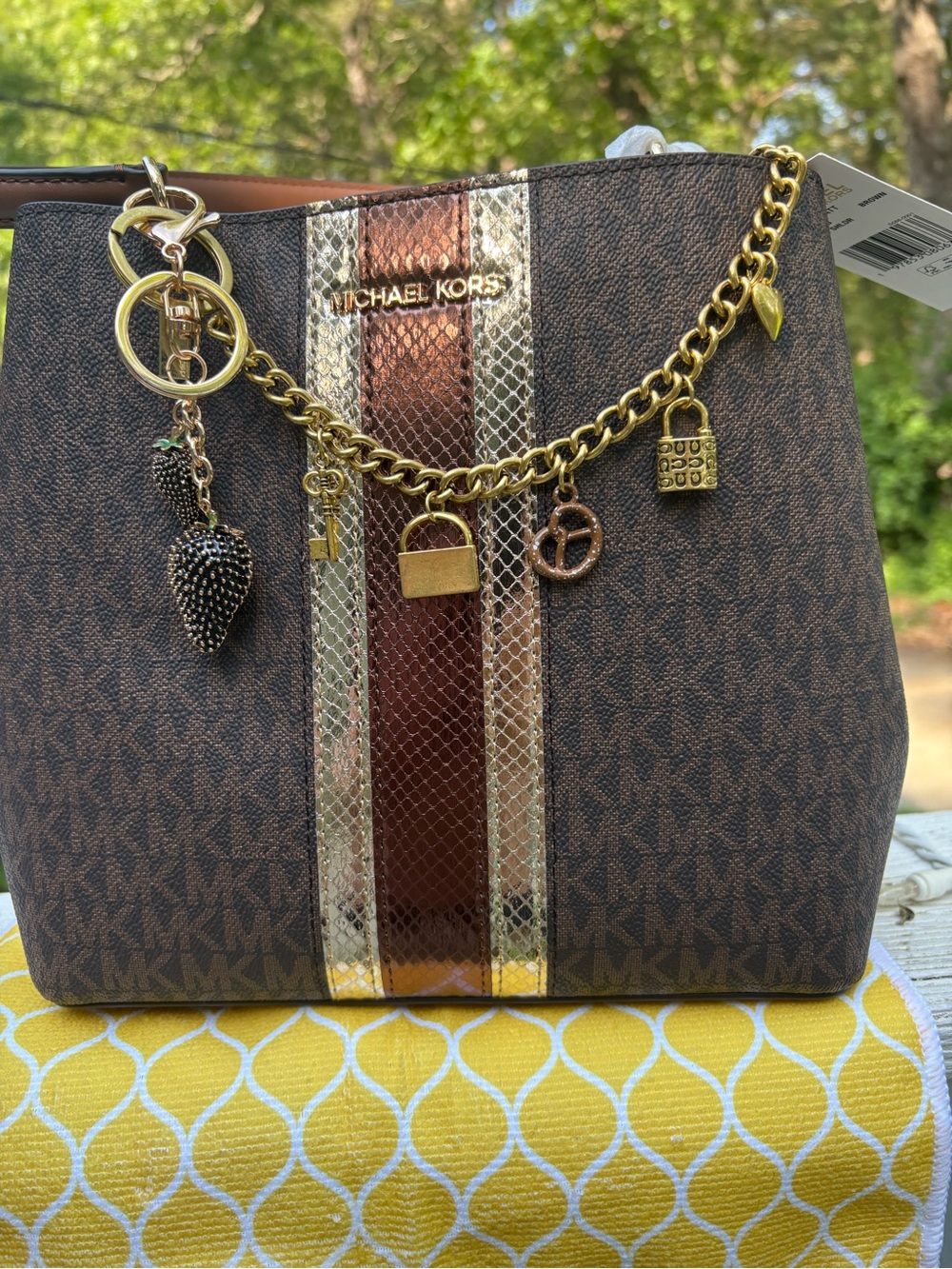 Michael Kors Brown Logo Messenger Bag with Gold and Dark Brown Stripe